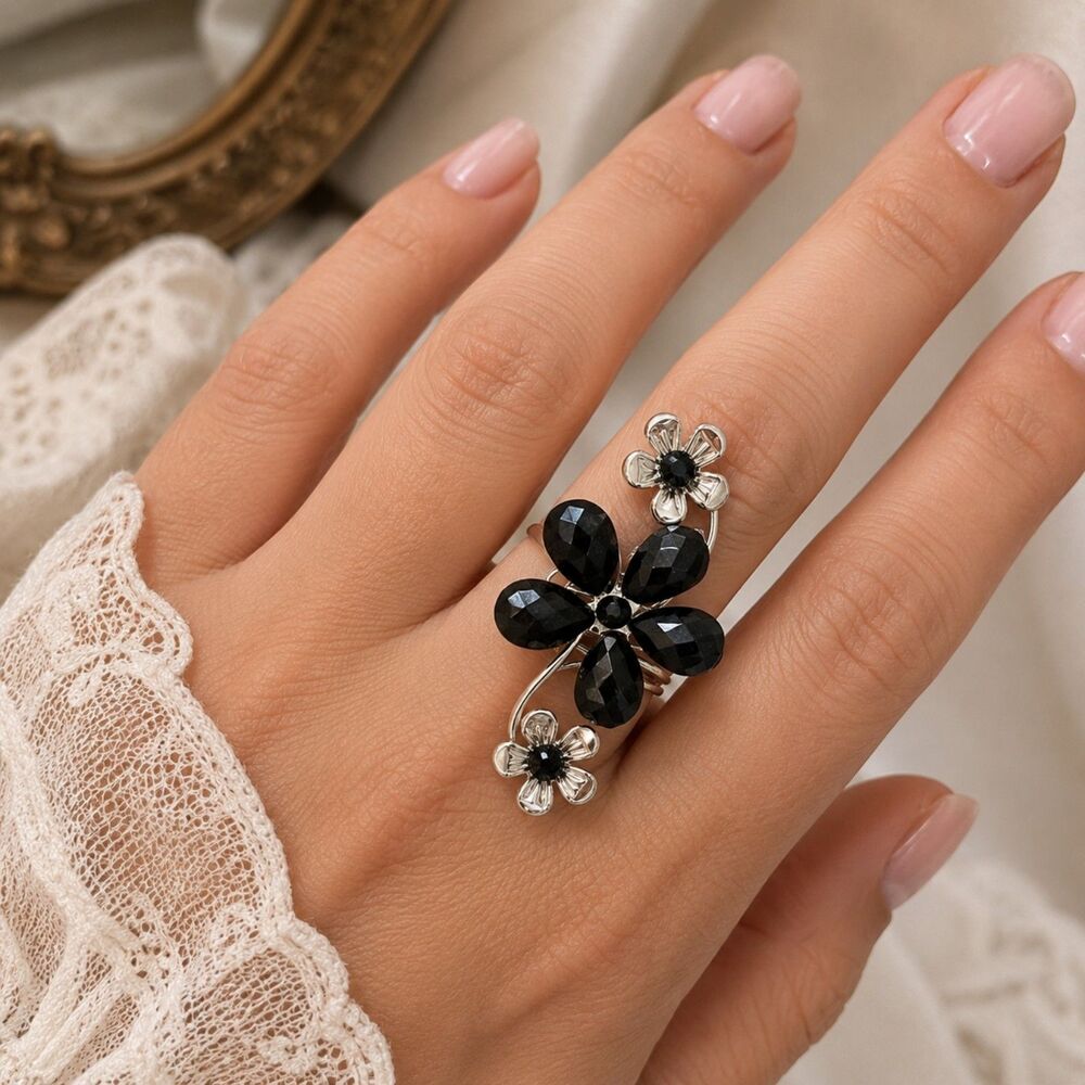 Black Flower Statement Ring, Silver Tone Floral Cocktail Ring, Size 7.5